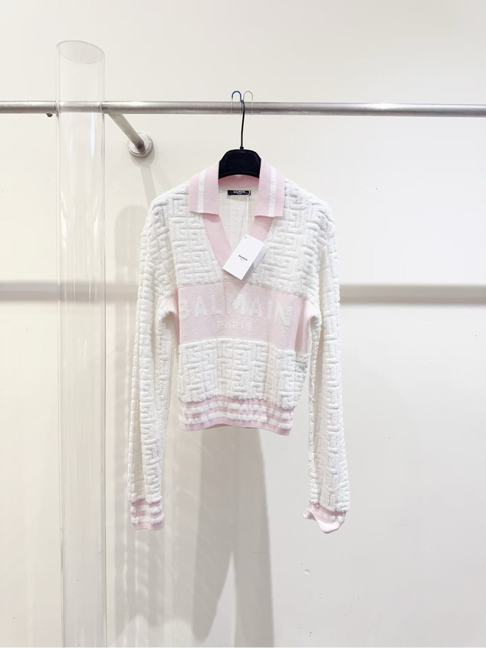 Balmain White & Pink Logo Knit Polo Top